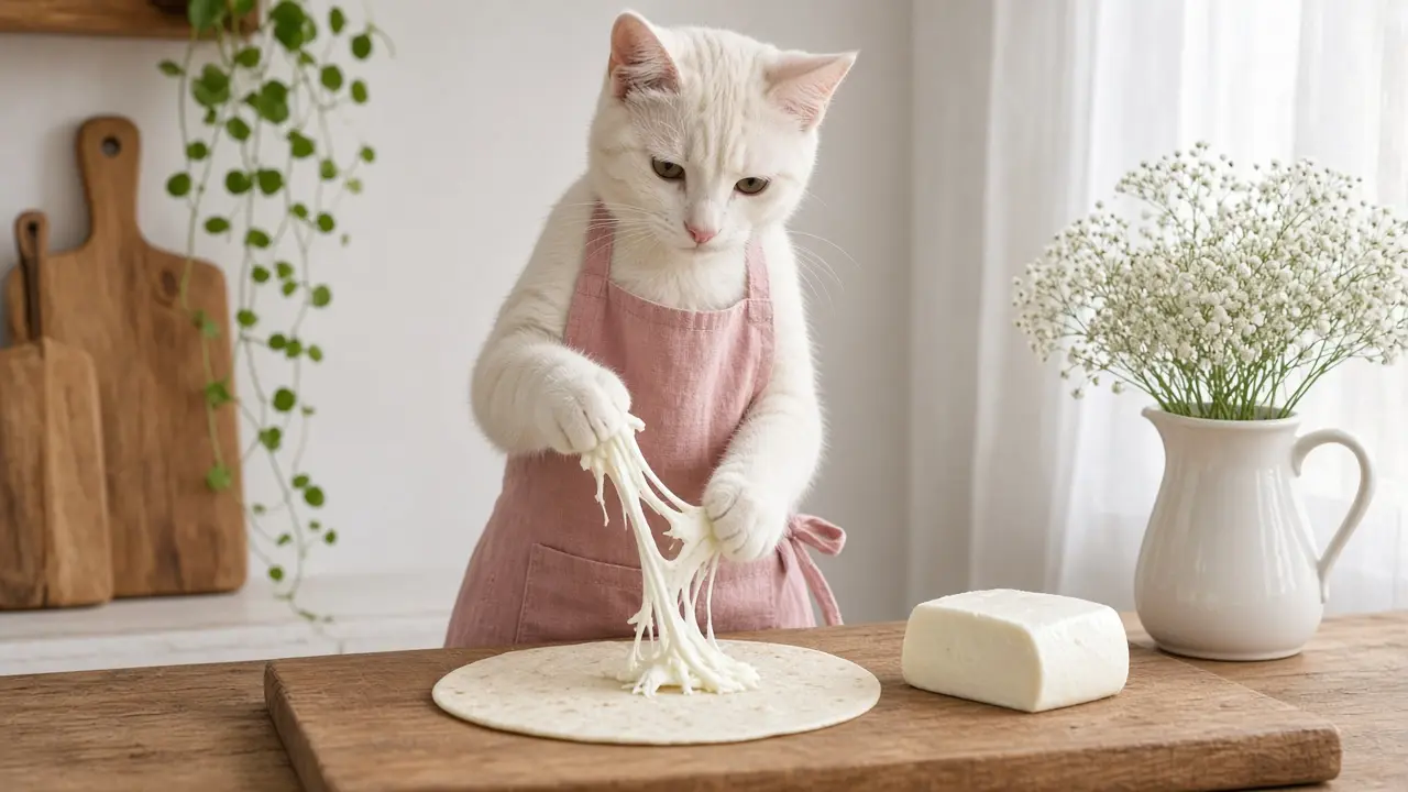 A cream-coloured cat in a pink apron, cooking this dish