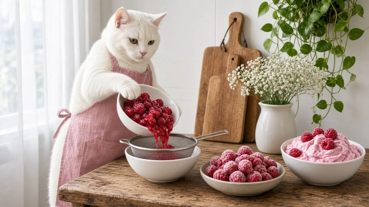 A cream-coloured cat in a pink apron, cooking this dish