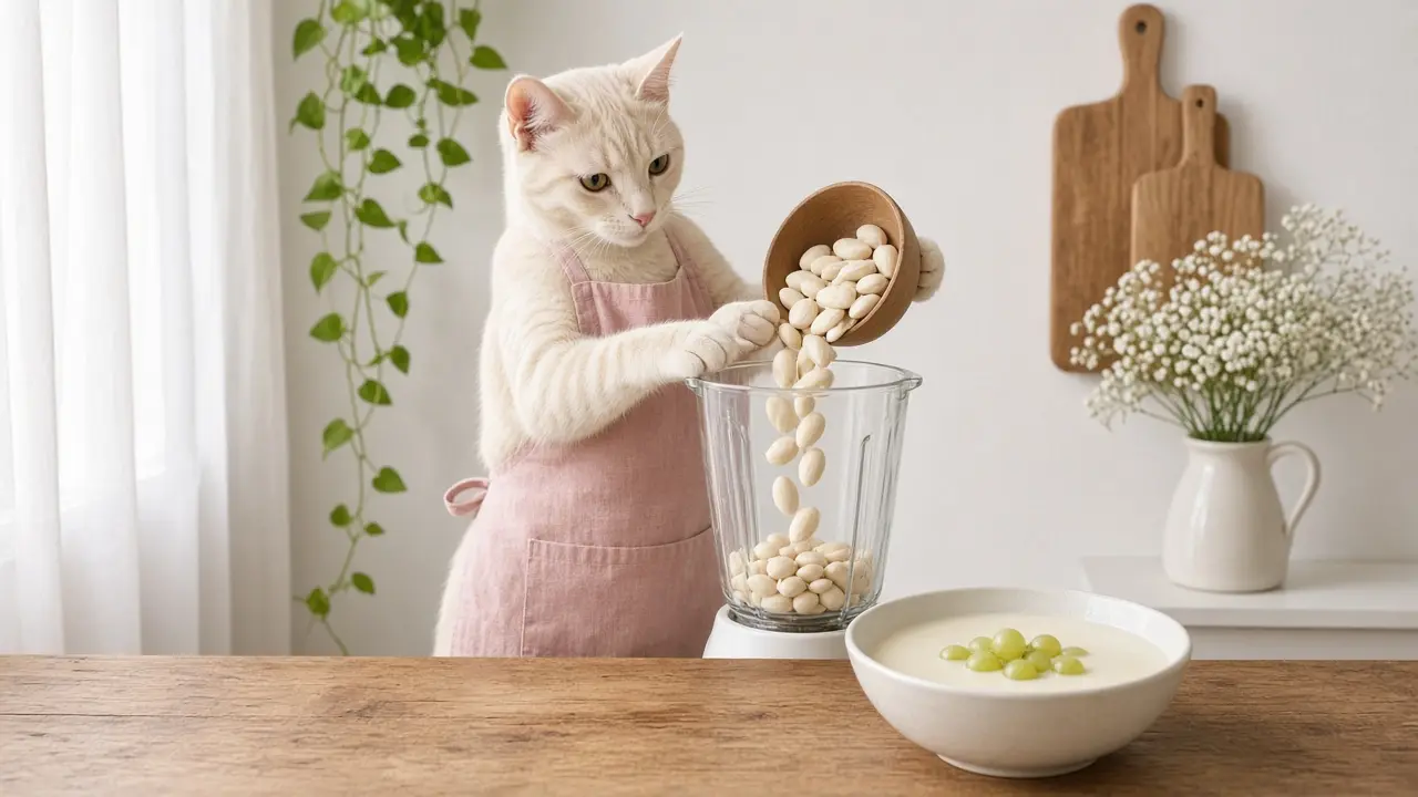 A cream-coloured cat in a pink apron, cooking this dish