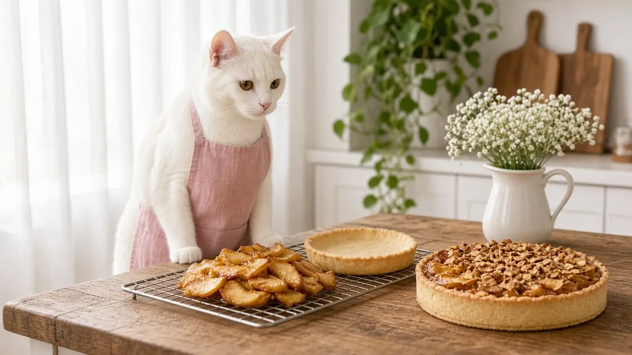 A cream-coloured cat in a pink apron, cooking this dish