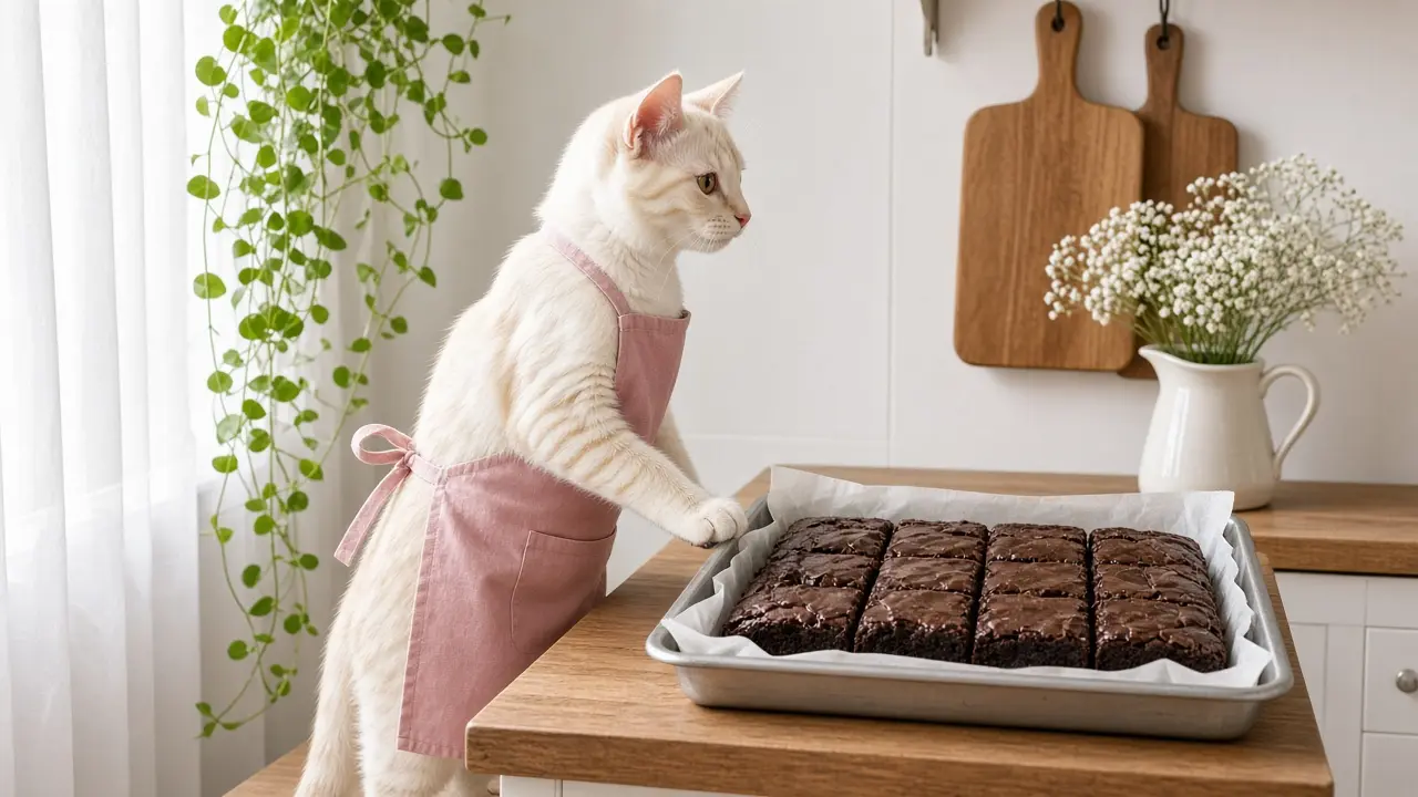 A cream-coloured cat in a pink apron, cooking this dish