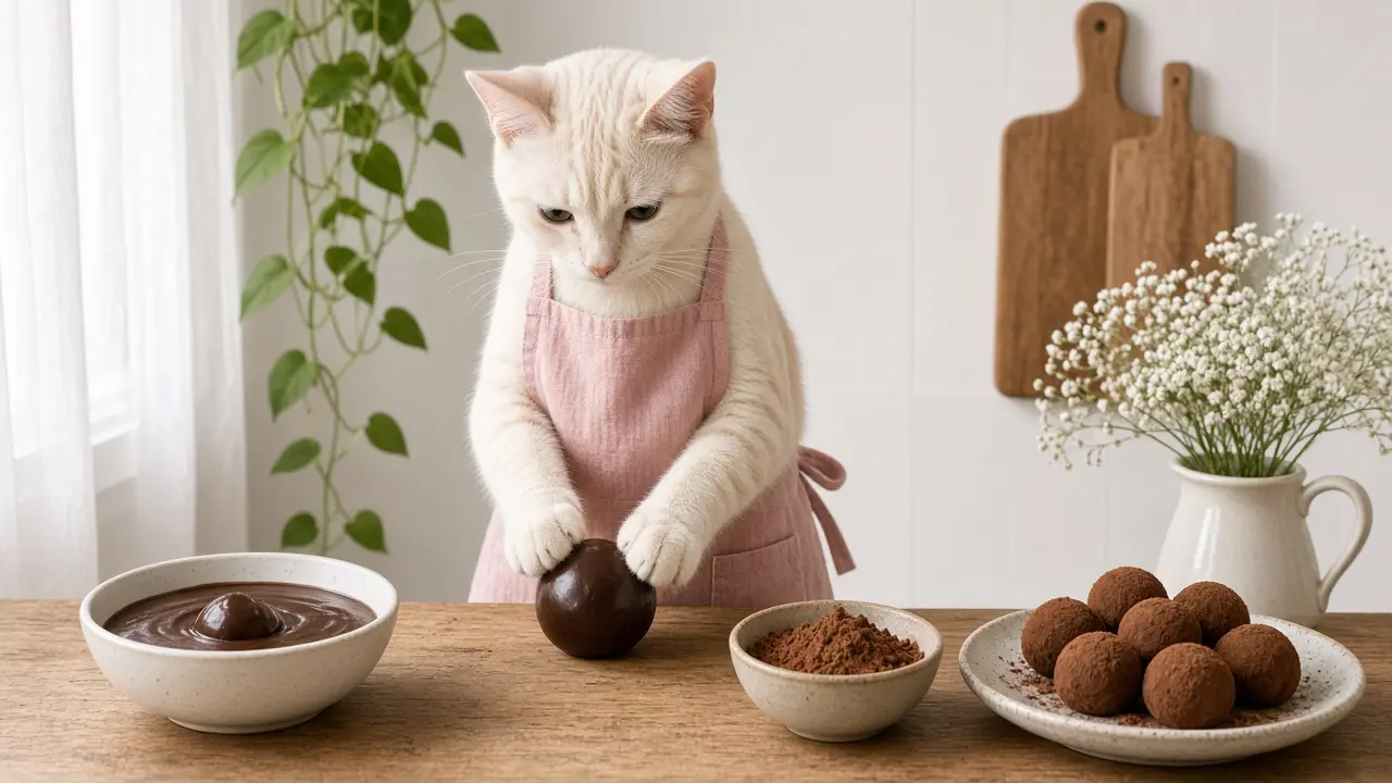 A cream-coloured cat in a pink apron, cooking this dish