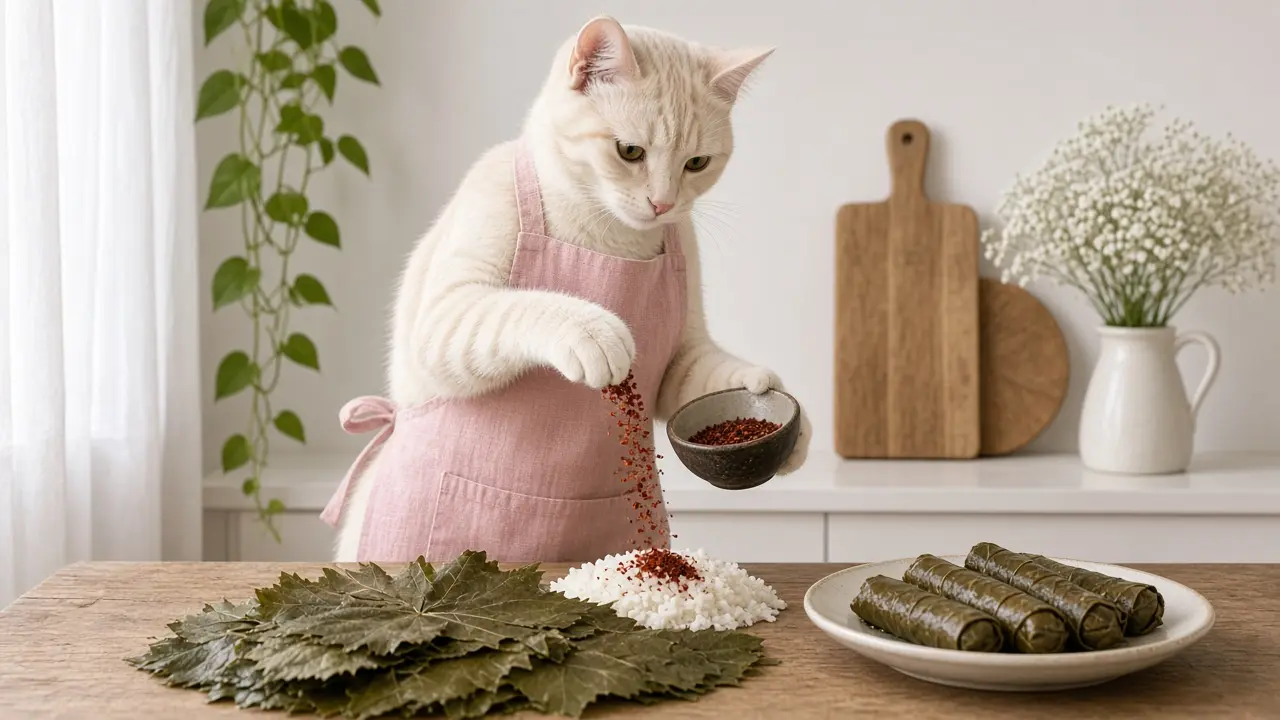 A cream-coloured cat in a pink apron, cooking this dish