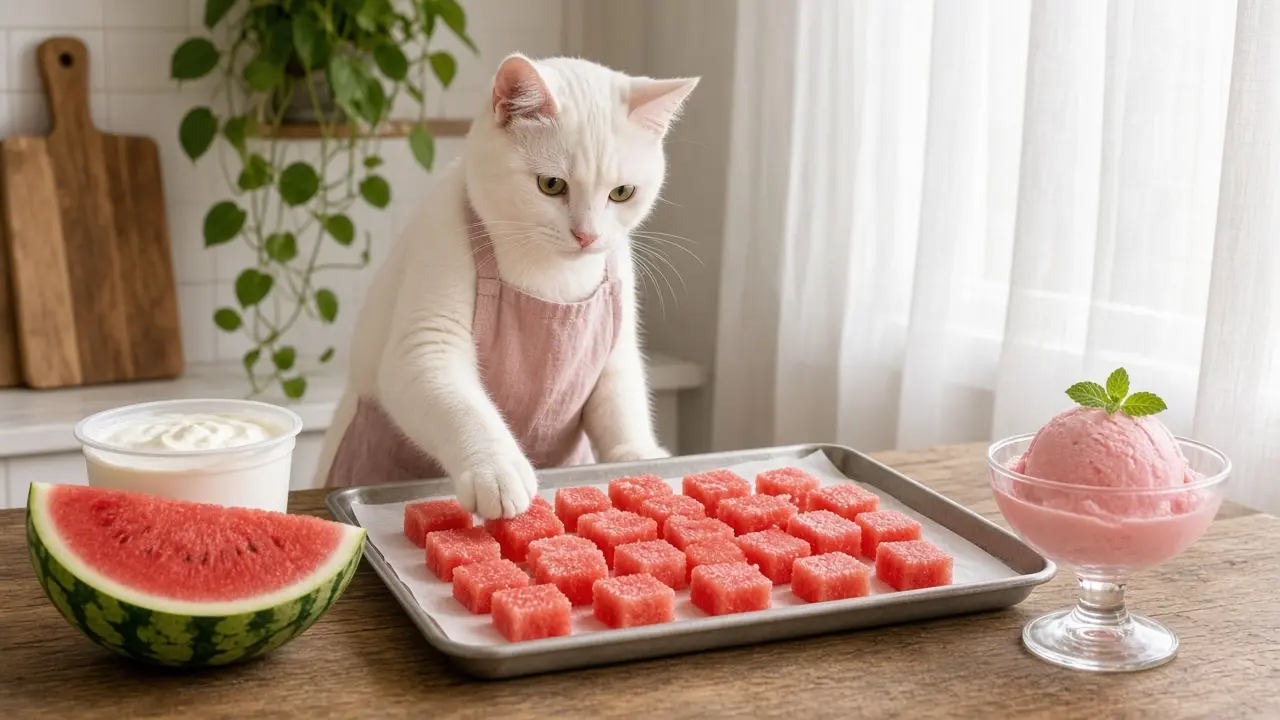A cream-coloured cat in a pink apron, cooking this dish