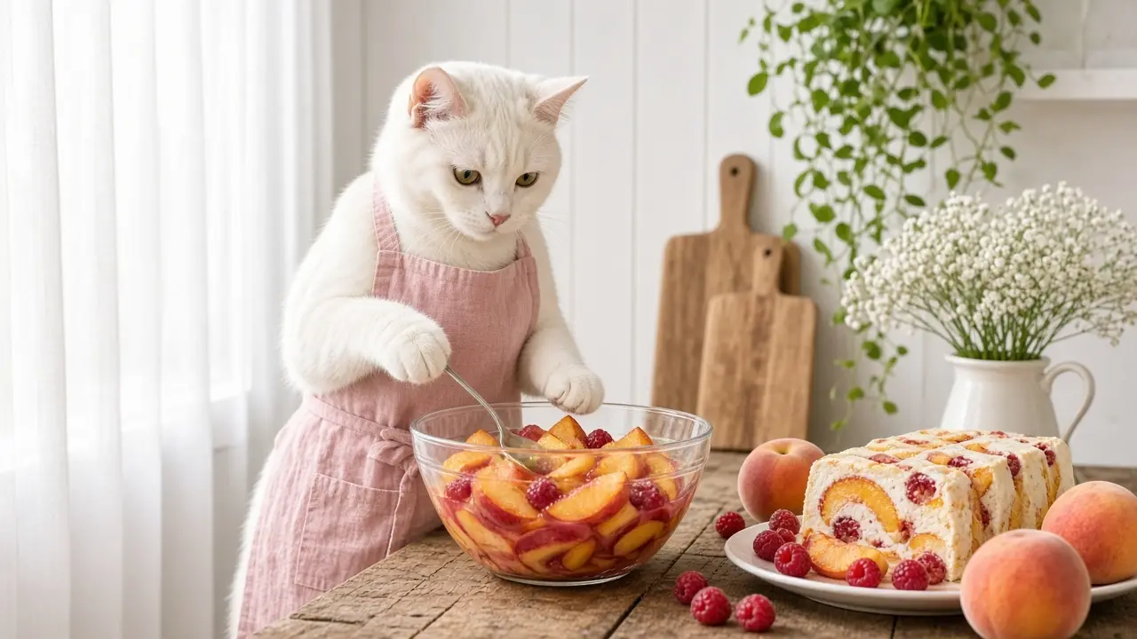 A cream-coloured cat in a pink apron, cooking this dish