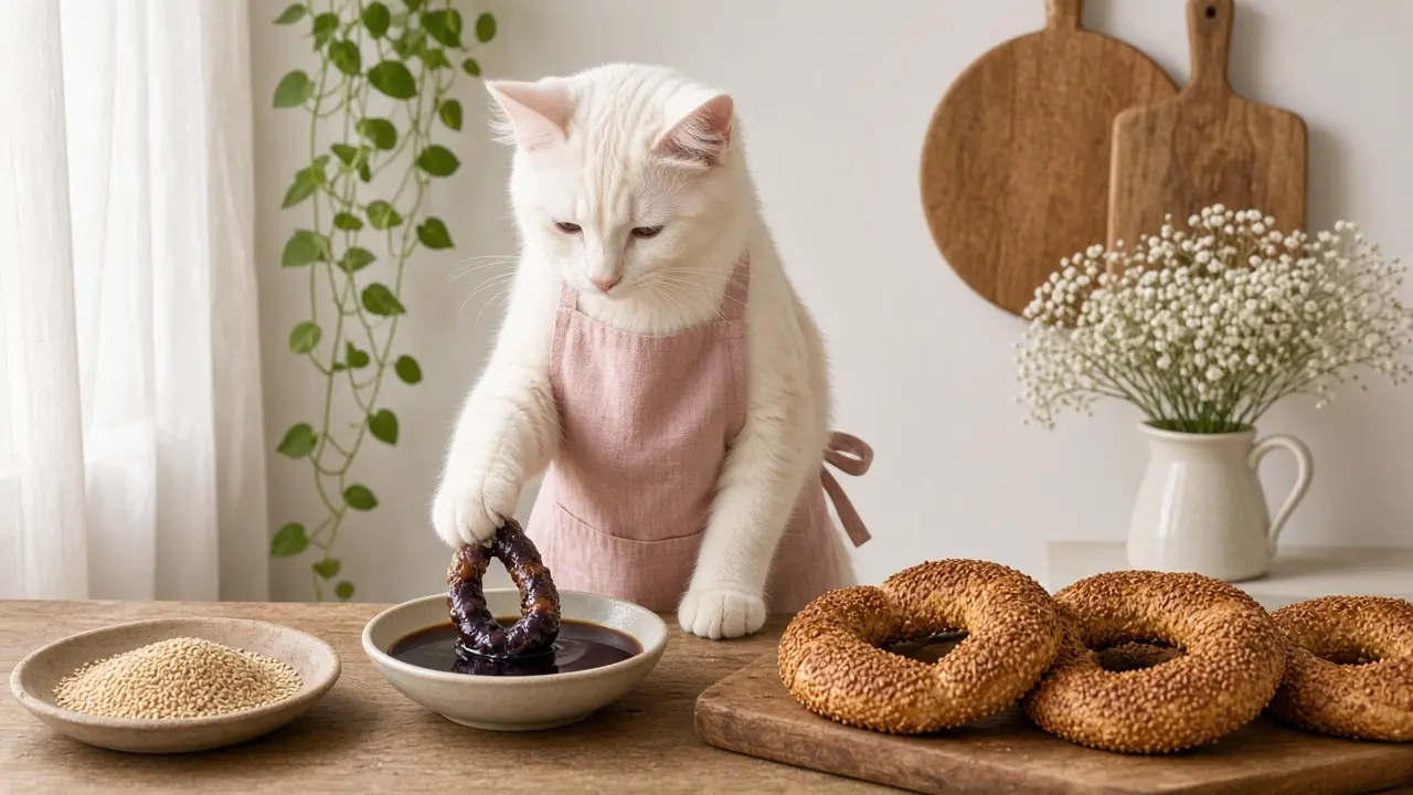 A cream-coloured cat in a pink apron, cooking this dish