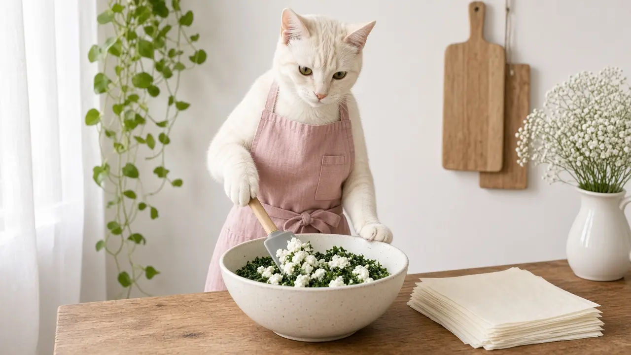 A cream-coloured cat in a pink apron, cooking this dish