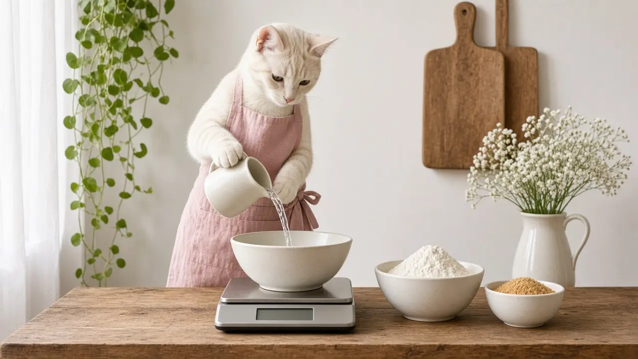 A cream-coloured cat in a pink apron, cooking this dish