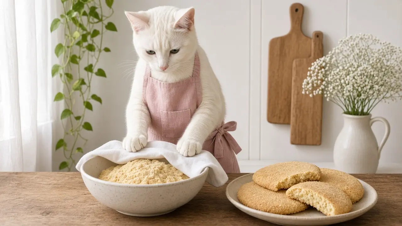 A cream-coloured cat in a pink apron, cooking this dish