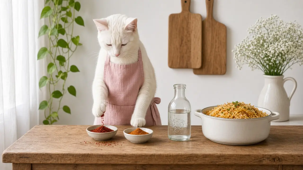 A cream-coloured cat in a pink apron, cooking this dish