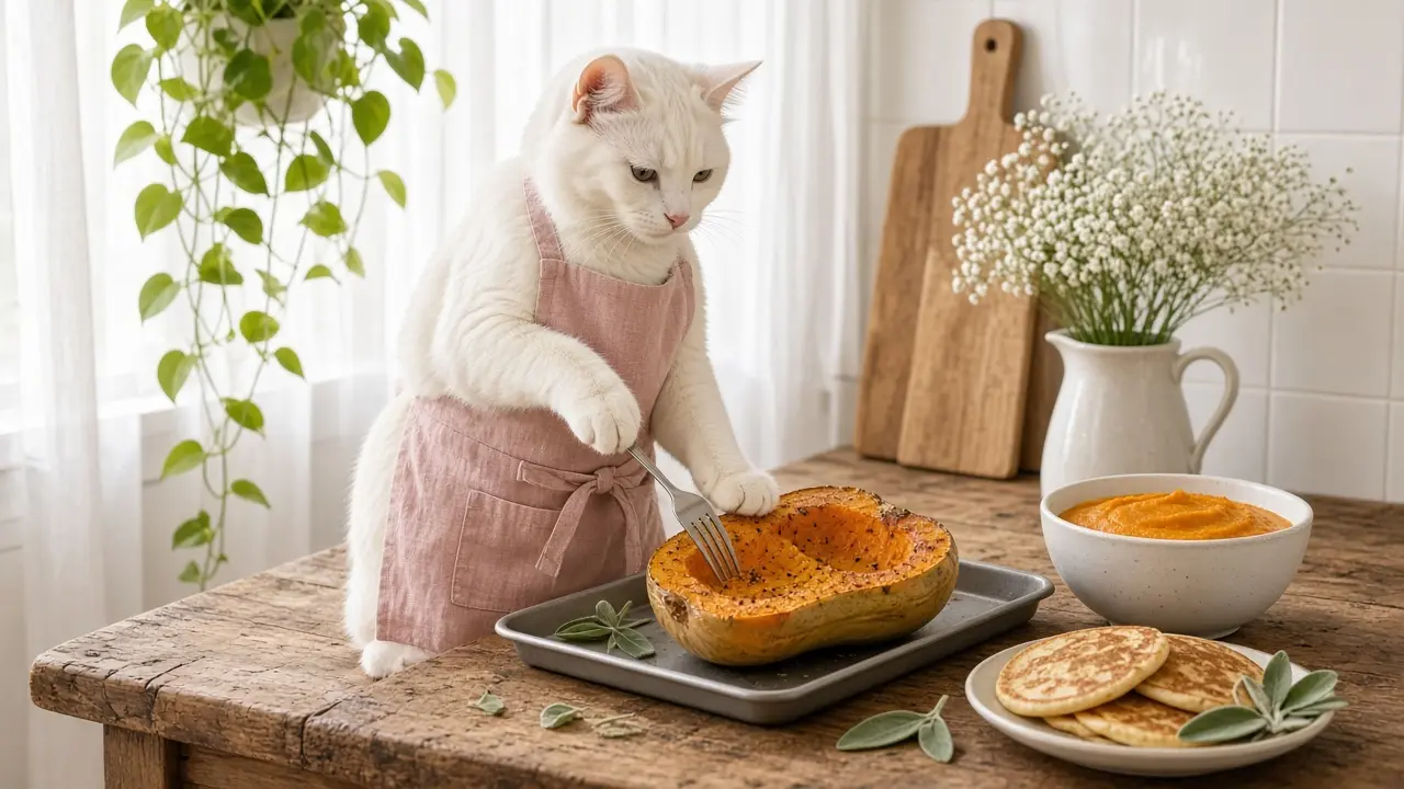 A cream-coloured cat in a pink apron, cooking this dish
