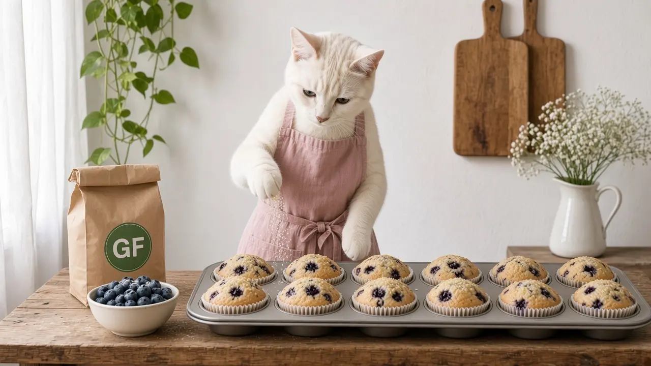A cream-coloured cat in a pink apron, cooking this dish
