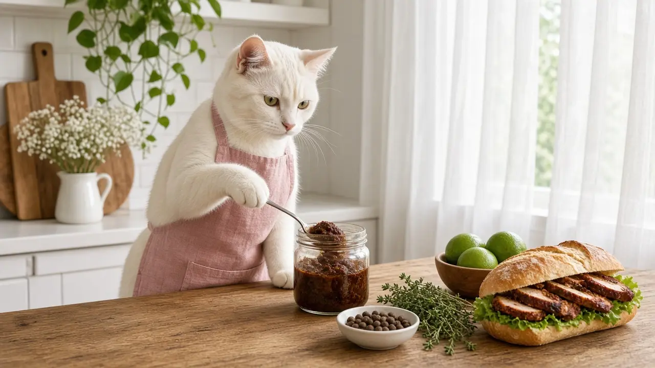 A cream-coloured cat in a pink apron, cooking this dish
