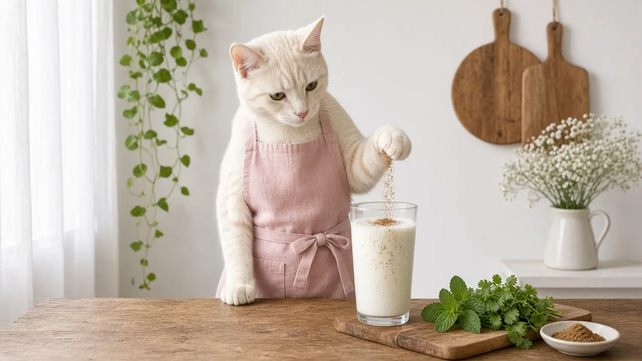 A cream-coloured cat in a pink apron, cooking this dish