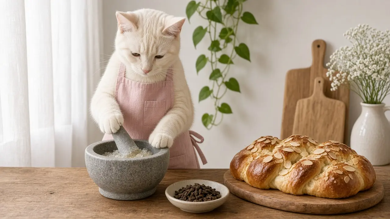 A cream-coloured cat in a pink apron, cooking this dish