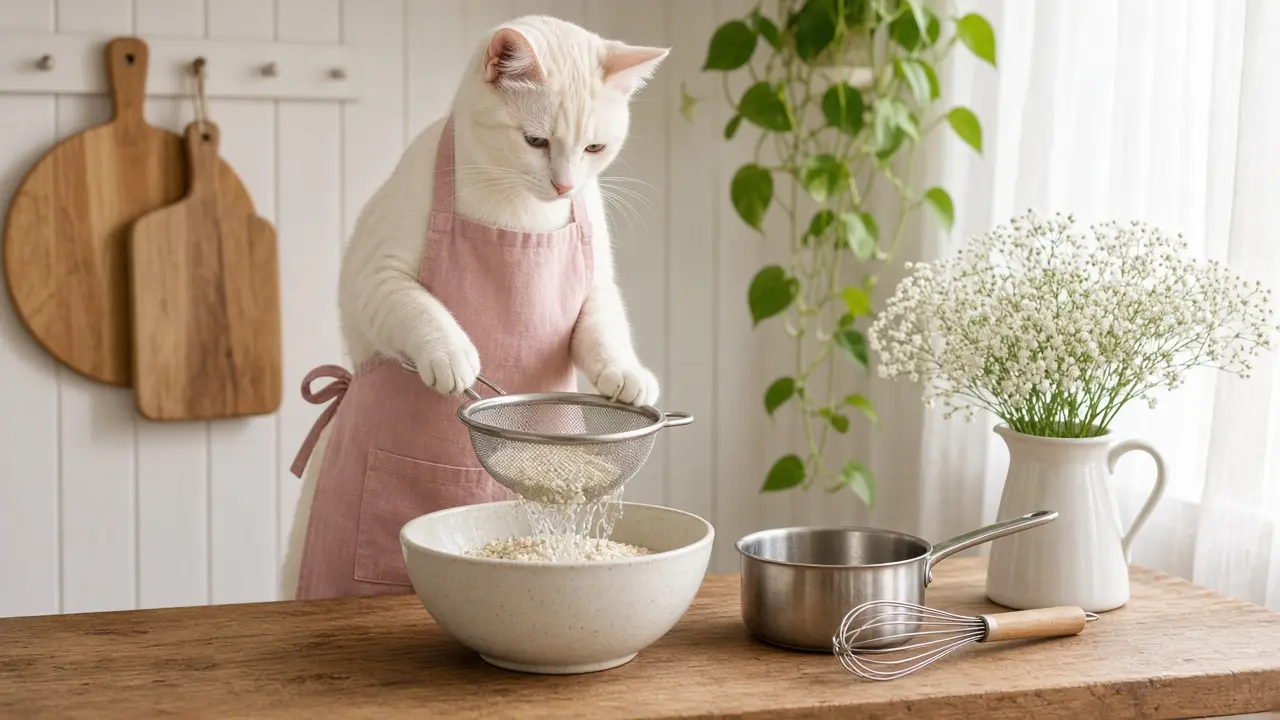 A cream-coloured cat in a pink apron, cooking this dish