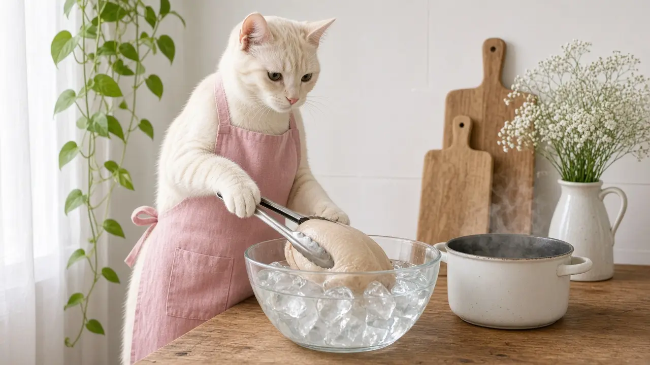 A cream-coloured cat in a pink apron, cooking this dish
