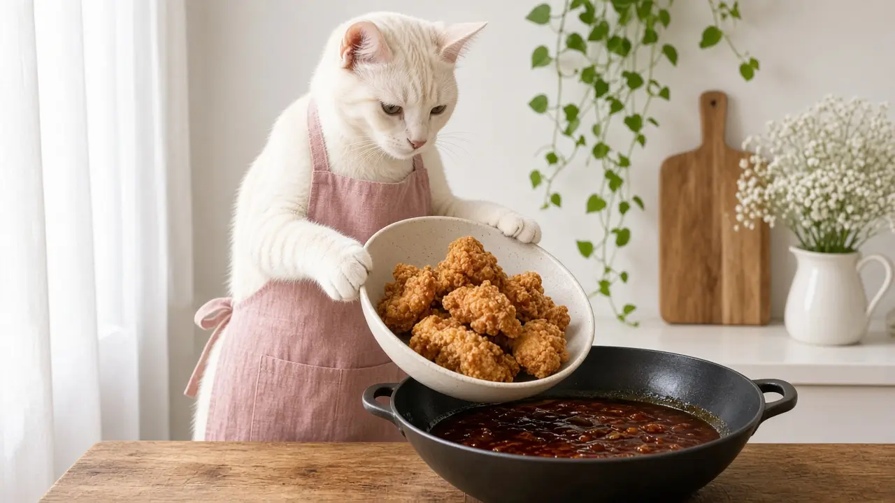 A cream-coloured cat in a pink apron, cooking this dish