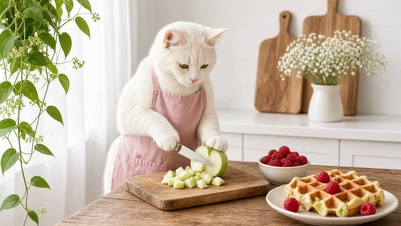 A cream-coloured cat in a pink apron, cooking this dish
