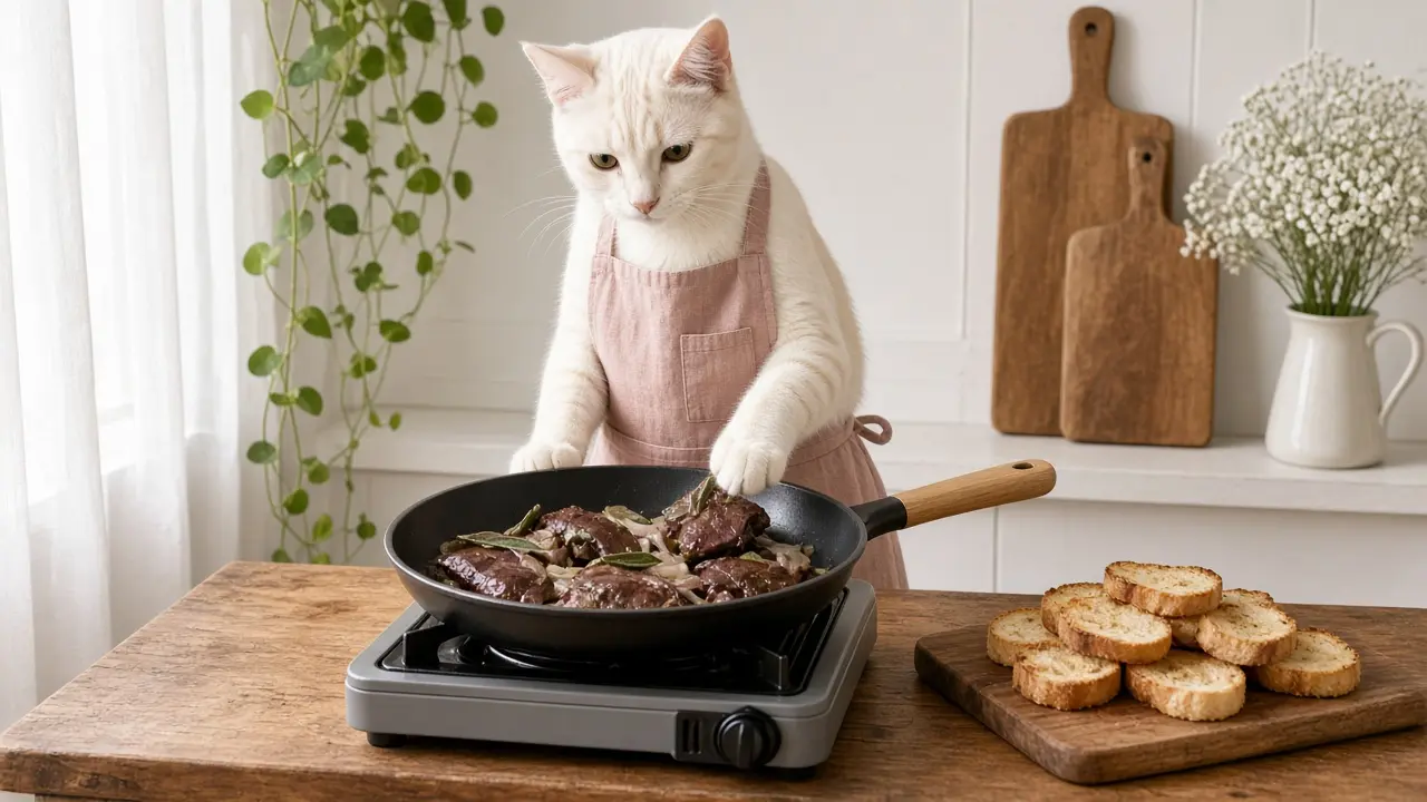 A cream-coloured cat in a pink apron, cooking this dish