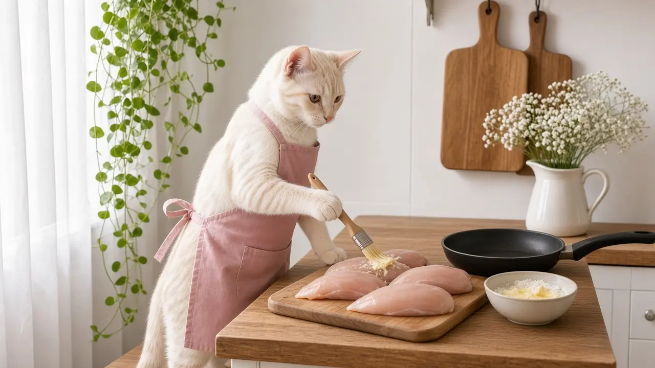 A cream-coloured cat in a pink apron, cooking this dish