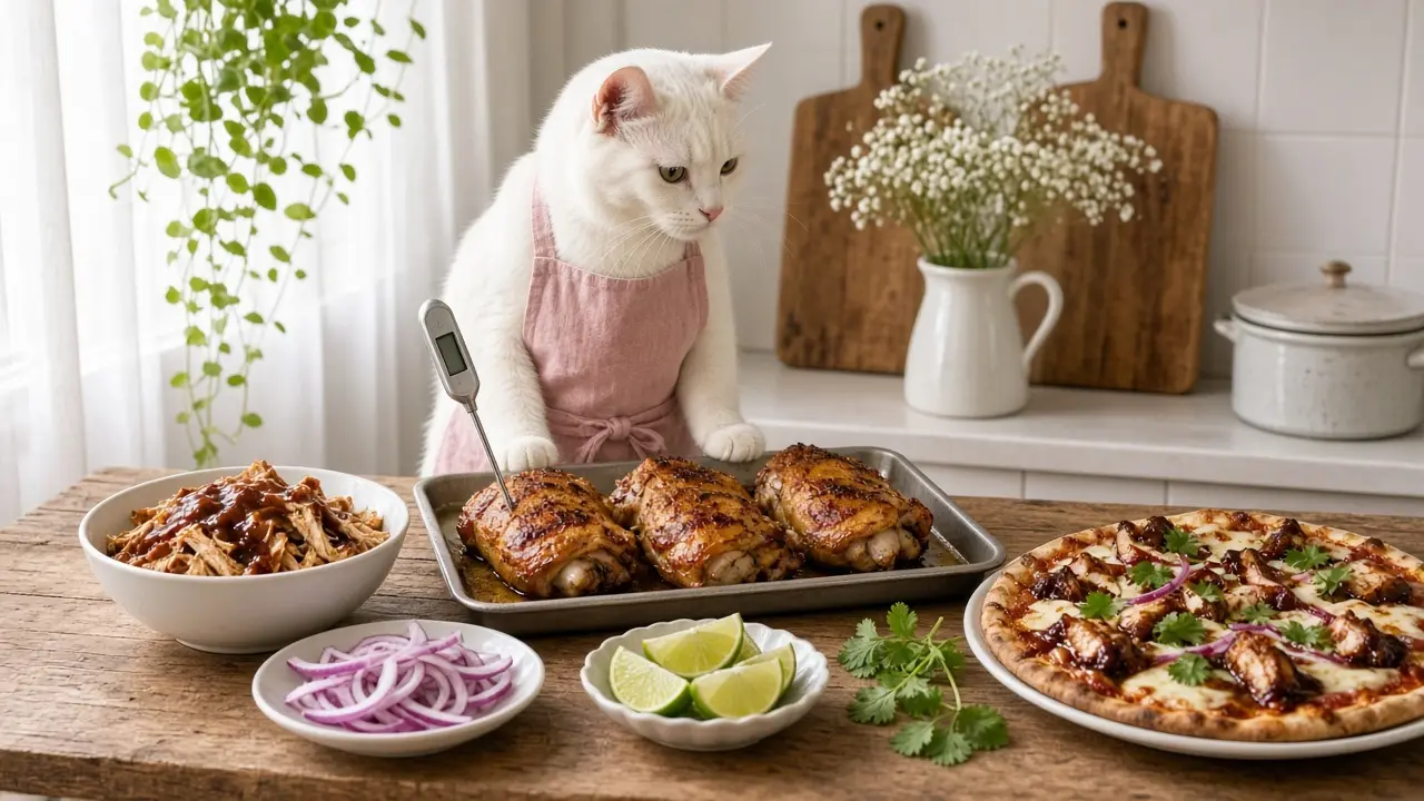 A cream-coloured cat in a pink apron, cooking this dish