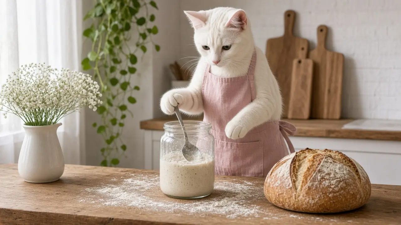 A cream-coloured cat in a pink apron, cooking this dish