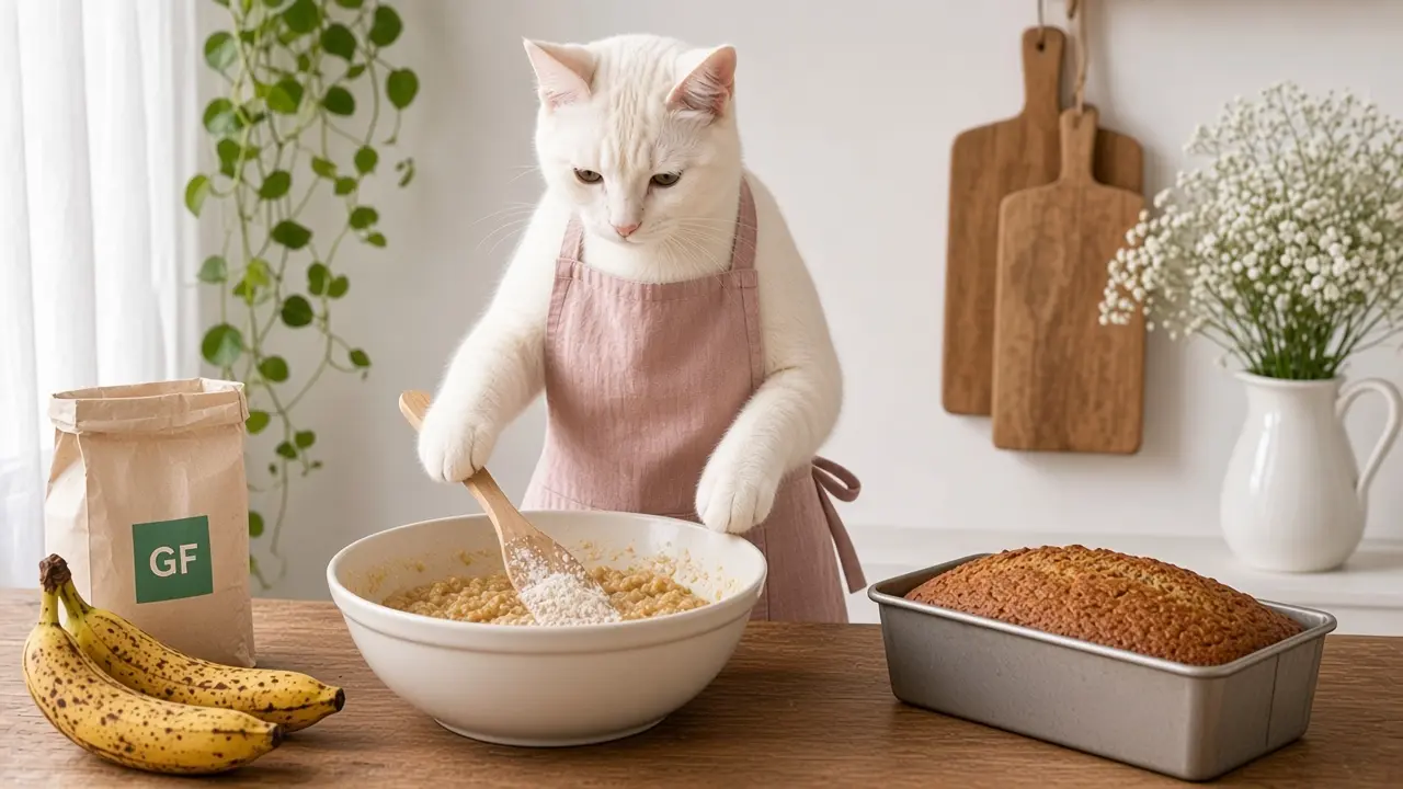 A cream-coloured cat in a pink apron, cooking this dish
