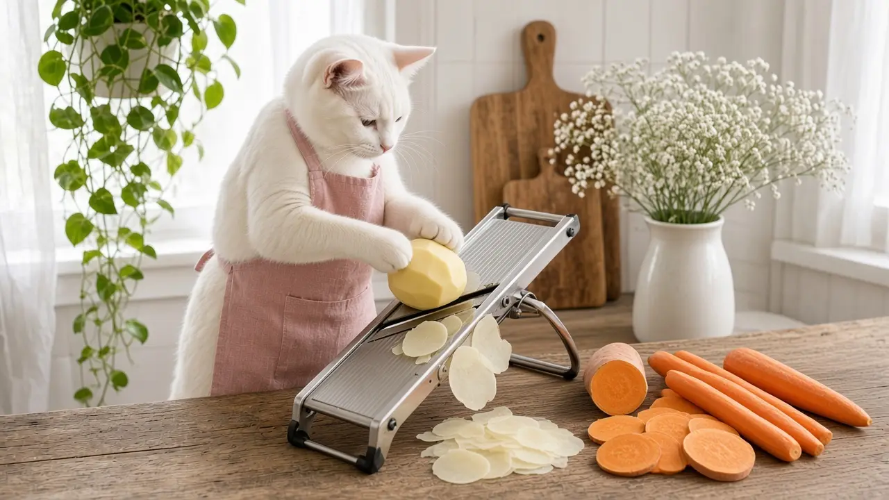 A cream-coloured cat in a pink apron, cooking this dish