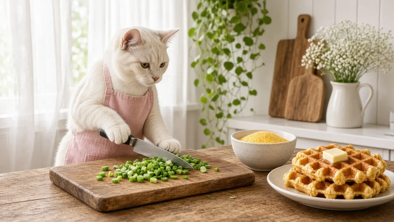 A cream-coloured cat in a pink apron, cooking this dish