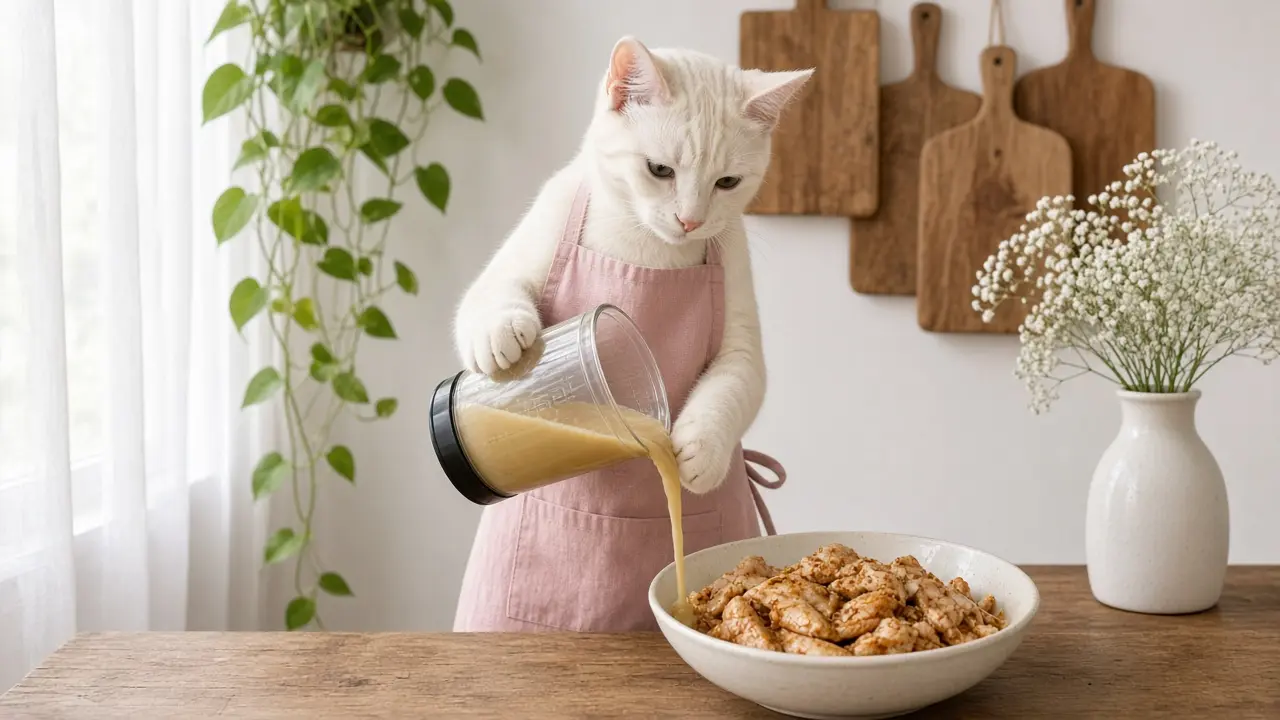 A cream-coloured cat in a pink apron, cooking this dish