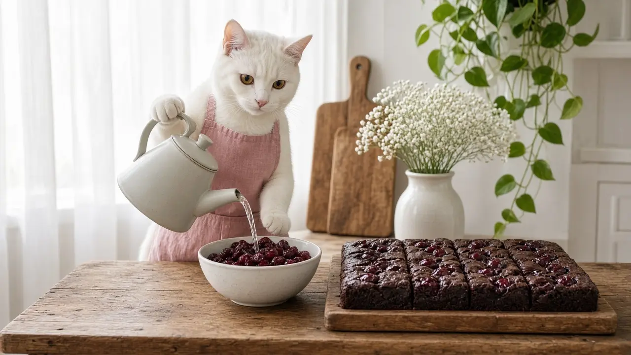 A cream-coloured cat in a pink apron, cooking this dish