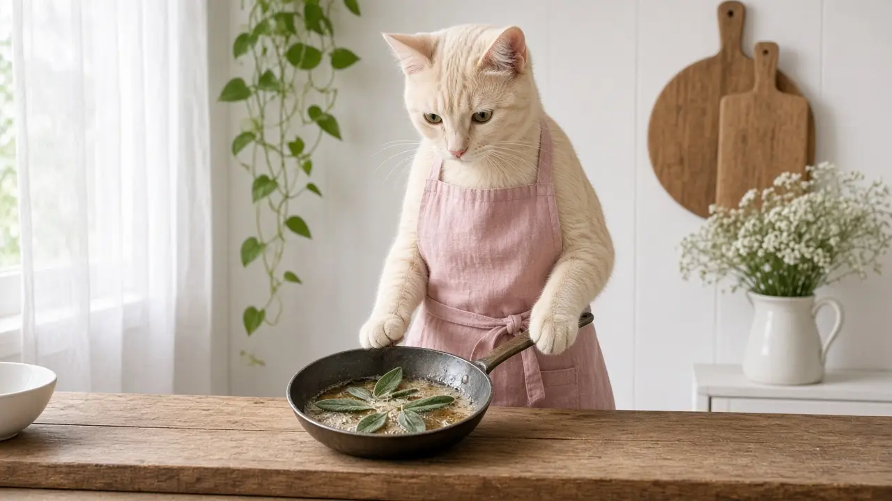 A cream-coloured cat in a pink apron, cooking this dish