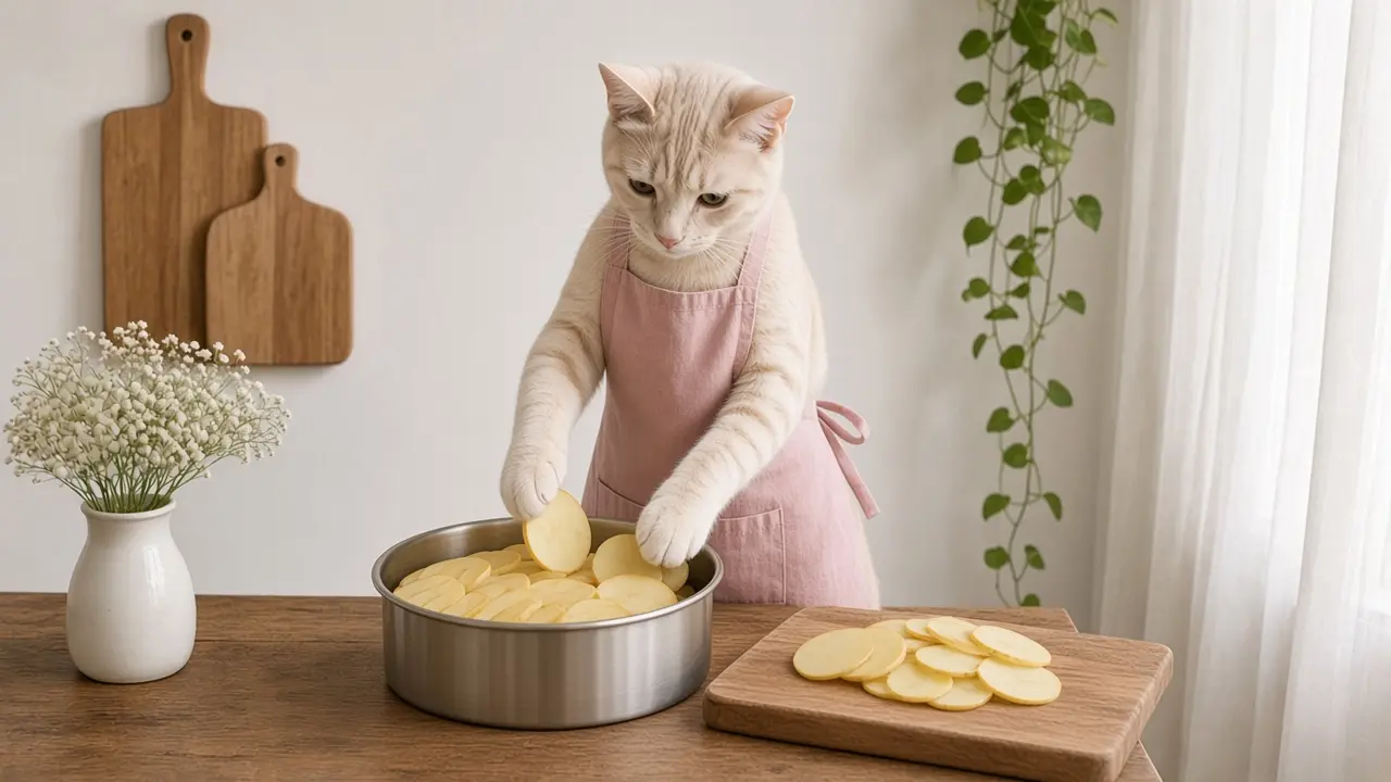 A cream-coloured cat in a pink apron, cooking this dish