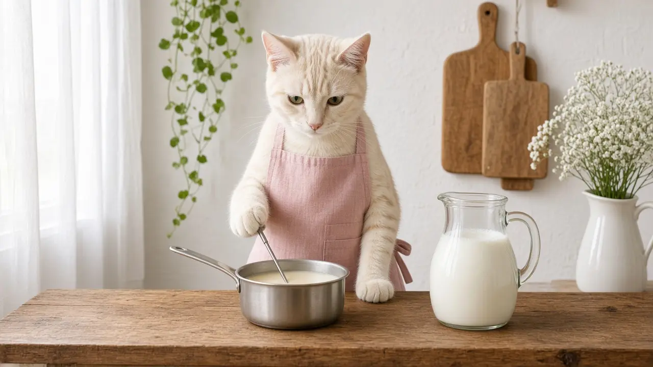 A cream-coloured cat in a pink apron, cooking this dish