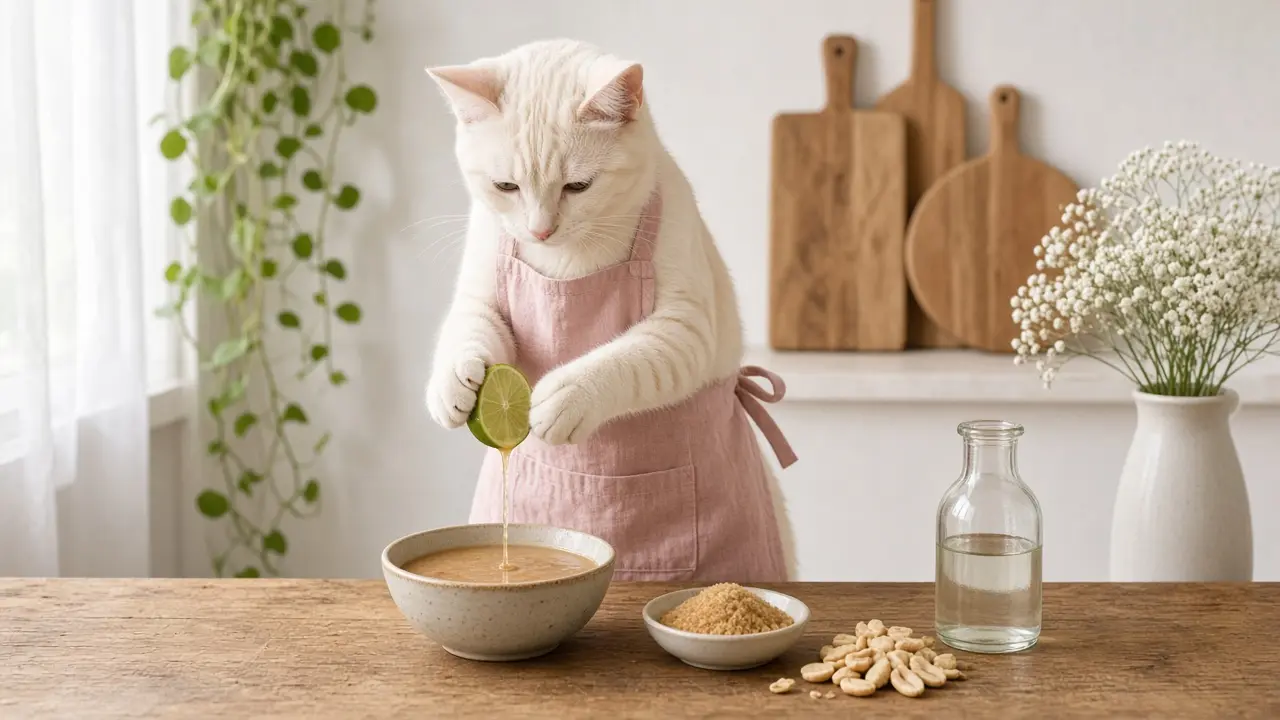 A cream-coloured cat in a pink apron, cooking this dish