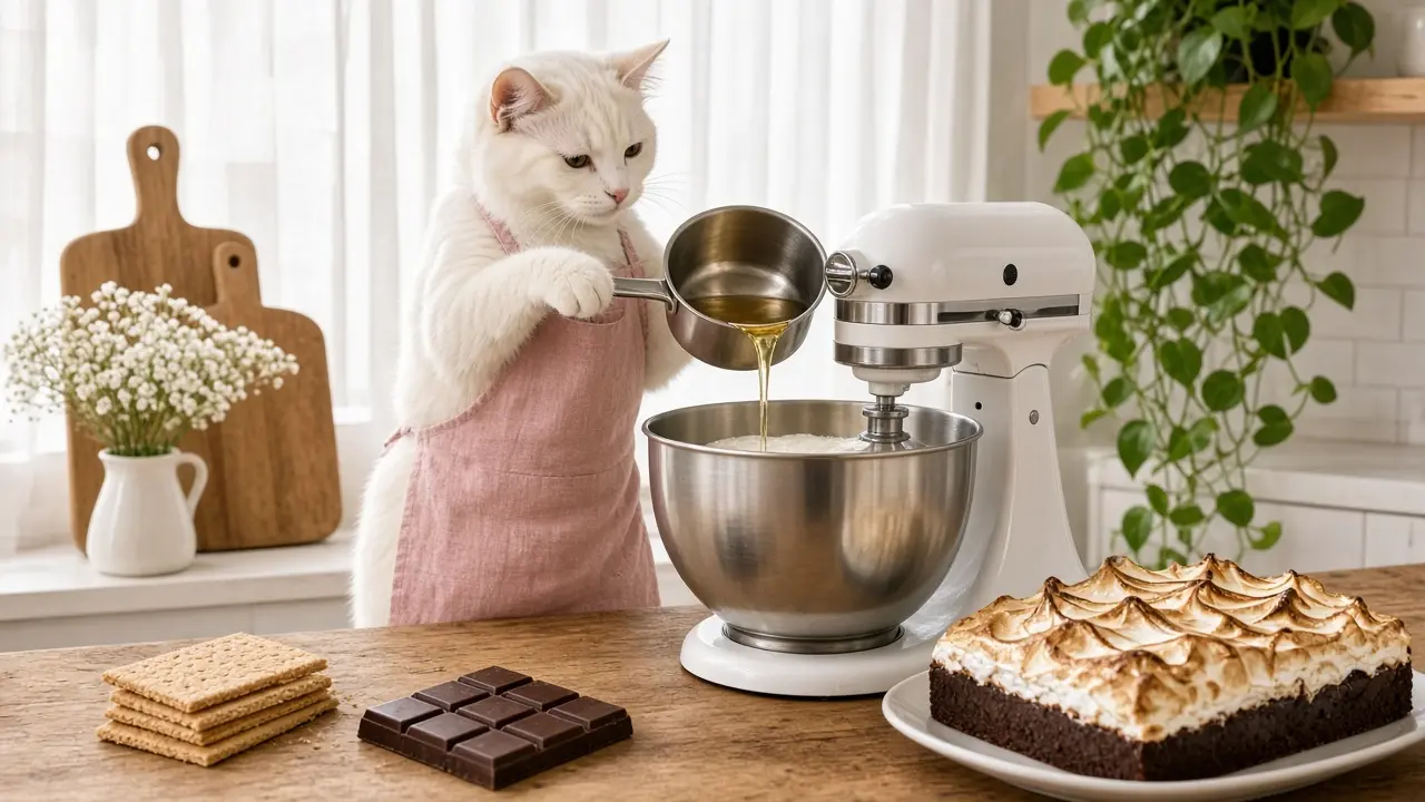 A cream-coloured cat in a pink apron, cooking this dish