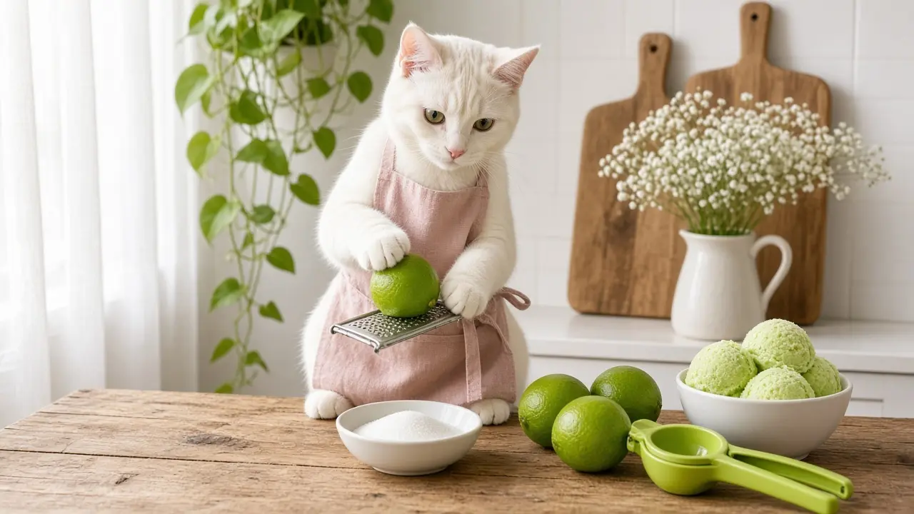 A cream-coloured cat in a pink apron, cooking this dish
