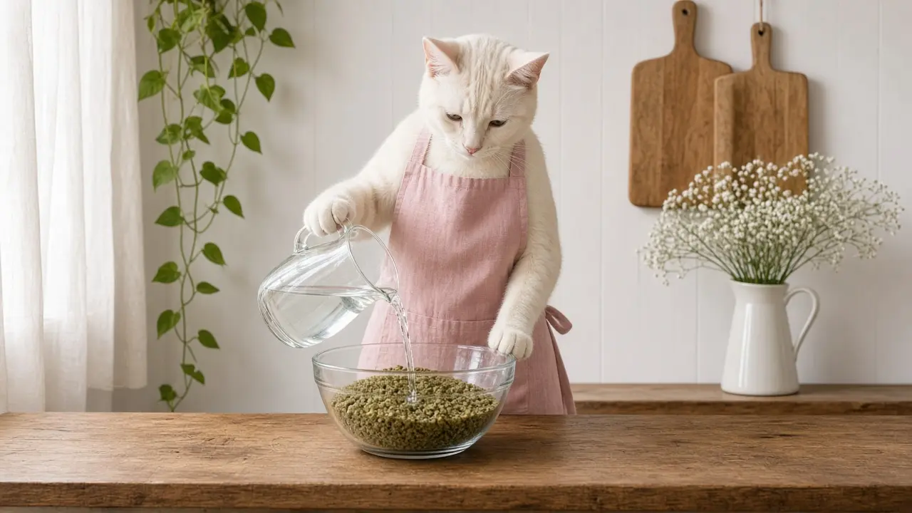A cream-coloured cat in a pink apron, cooking this dish
