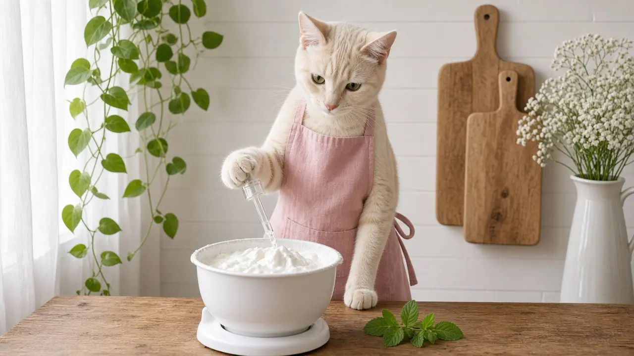 A cream-coloured cat in a pink apron, cooking this dish