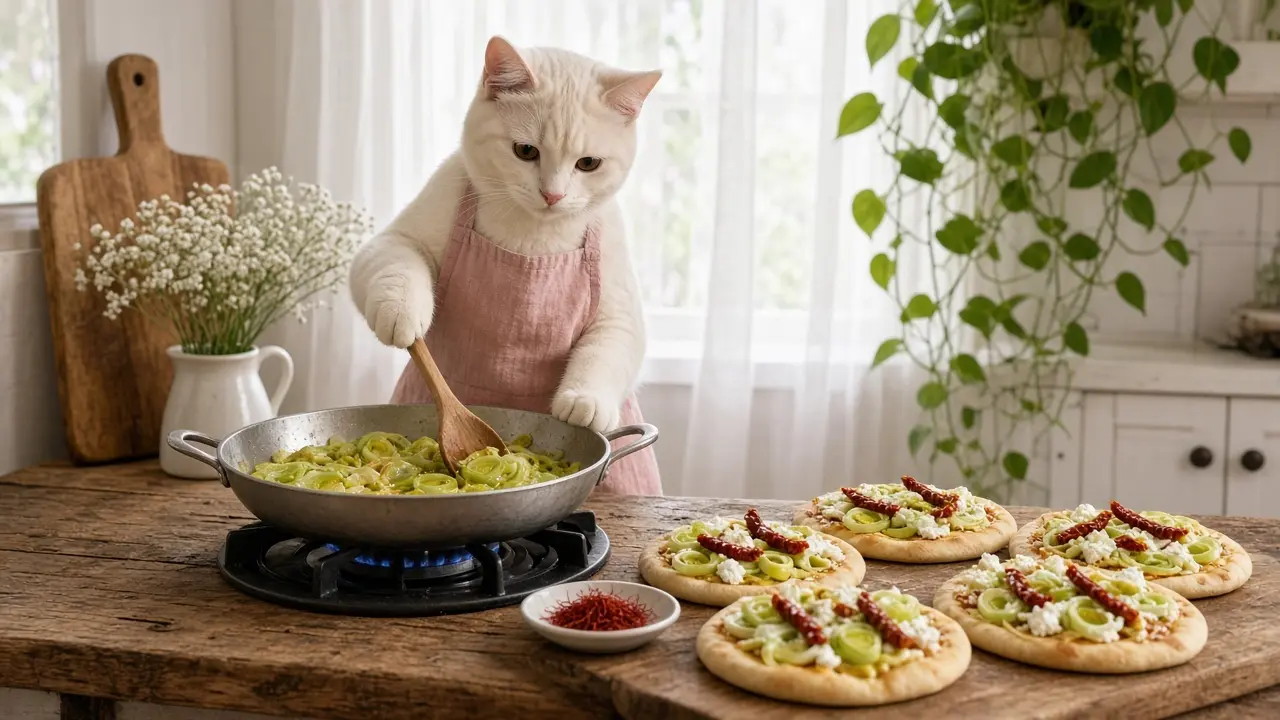 A cream-coloured cat in a pink apron, cooking this dish