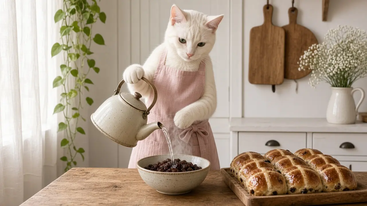 A cream-coloured cat in a pink apron, cooking this dish
