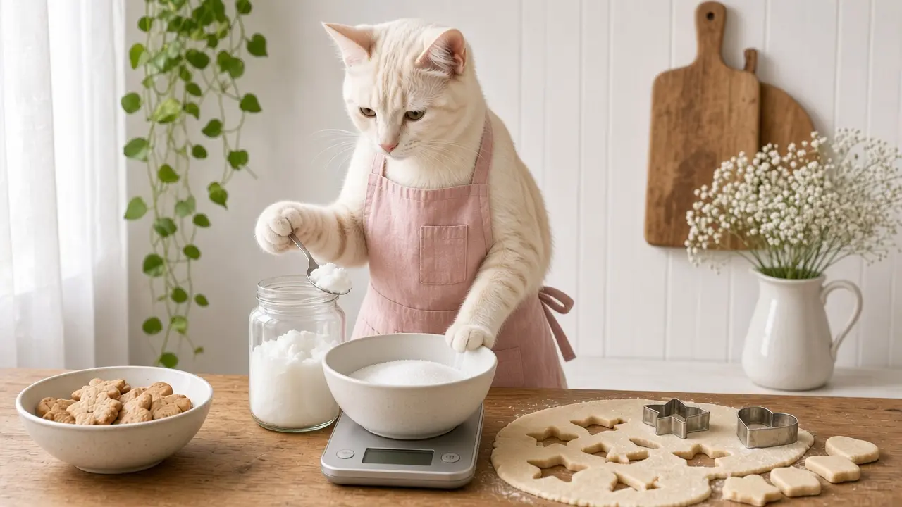 A cream-coloured cat in a pink apron, cooking this dish