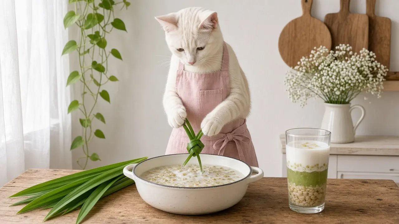 A cream-coloured cat in a pink apron, cooking this dish
