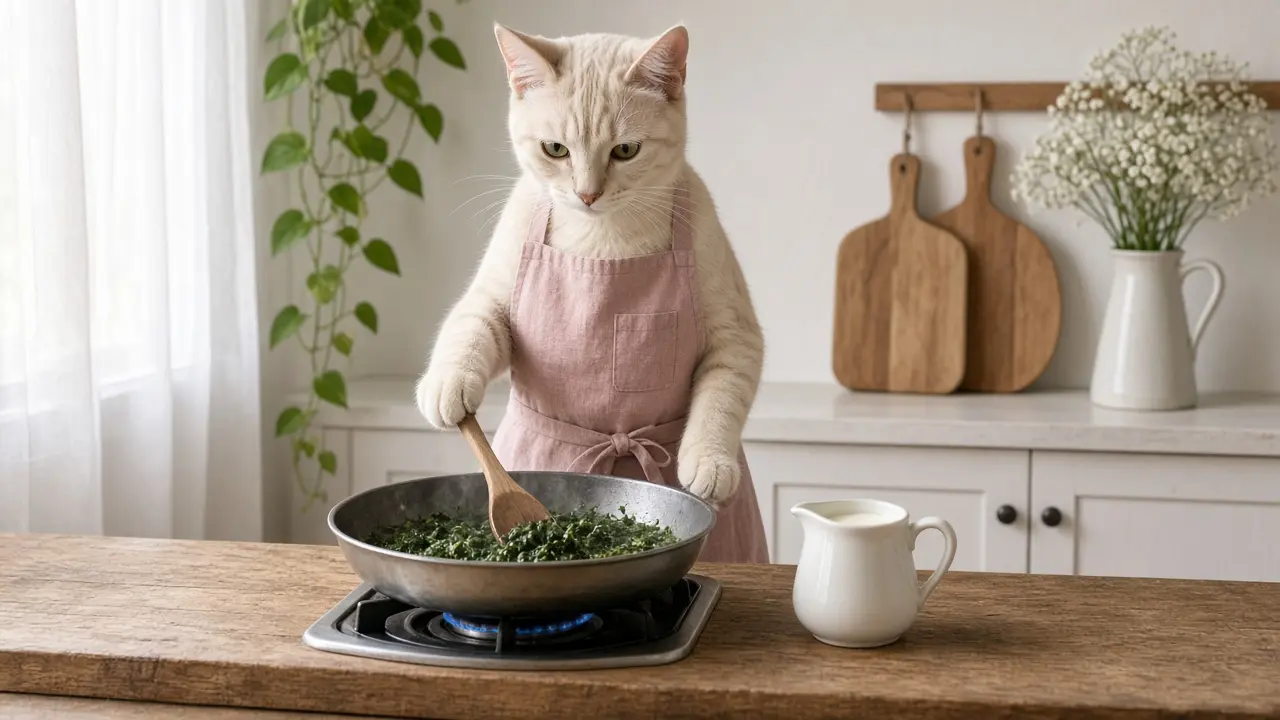 A cream-coloured cat in a pink apron, cooking this dish