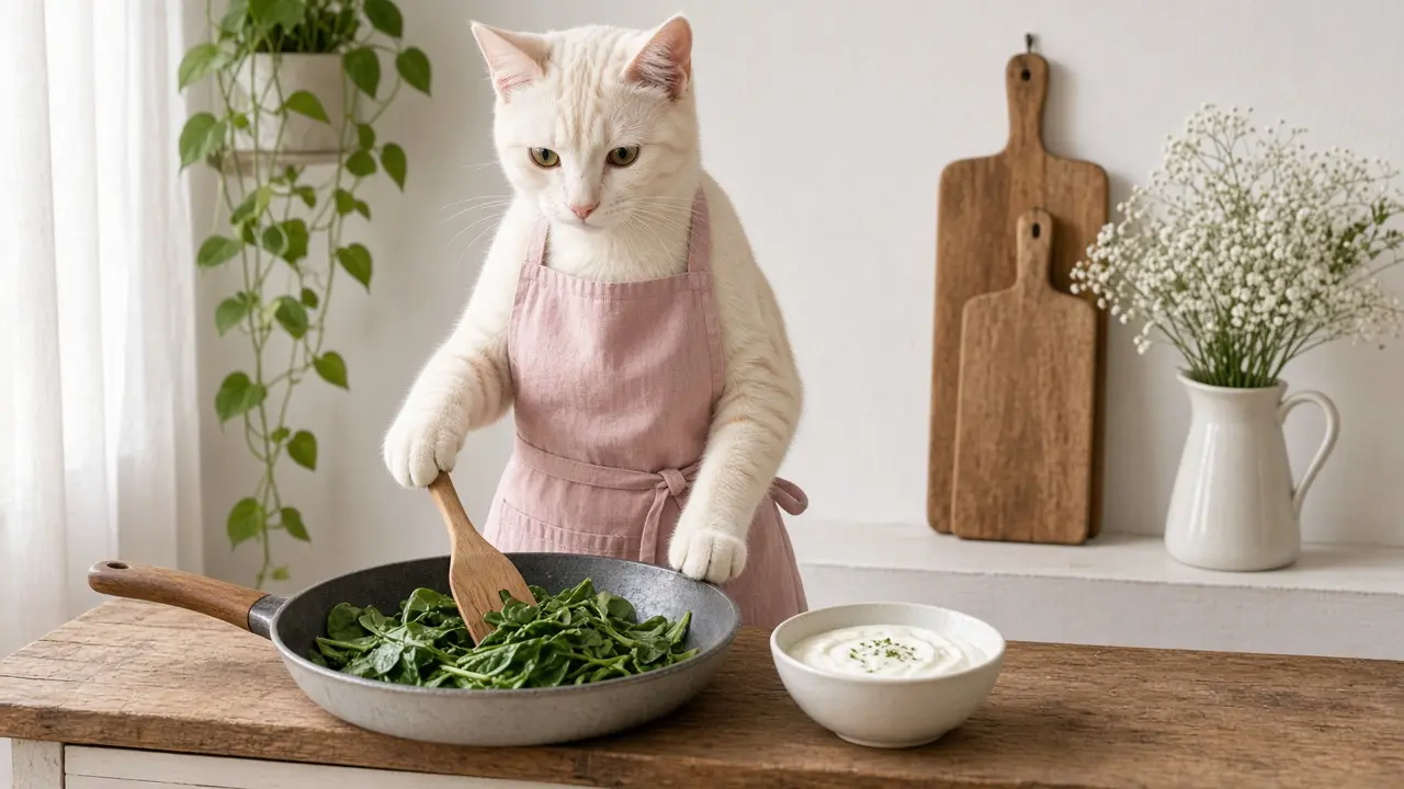 A cream-coloured cat in a pink apron, cooking this dish