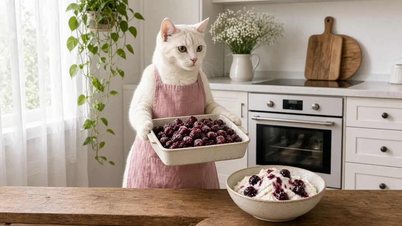 A cream-coloured cat in a pink apron, cooking this dish