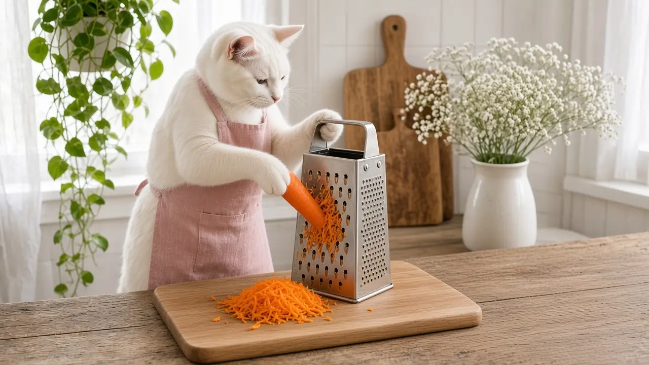 A cream-coloured cat in a pink apron, cooking this dish
