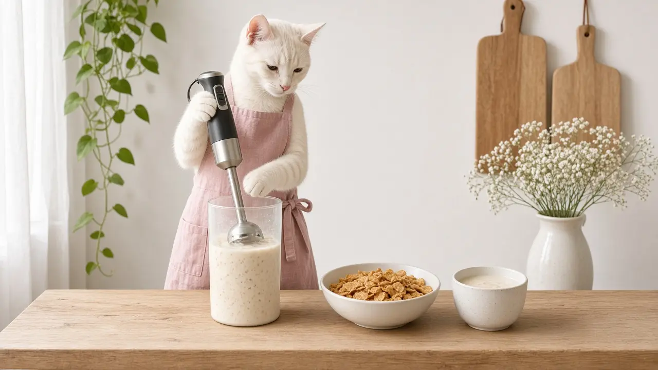 A cream-coloured cat in a pink apron, cooking this dish