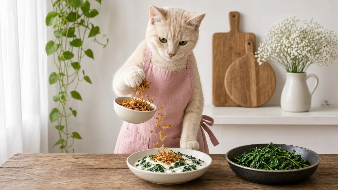A cream-coloured cat in a pink apron, cooking this dish